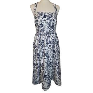 NWT M Mila Mae White & Blue Tropical Halter Dress w/Zip Back & Pockets